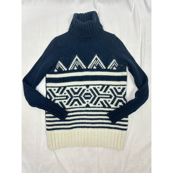 J Crew Navy Blue Ski Nordic Fair Isle Turtleneck Sweater Wool Blend XS - Picture 1 of 10